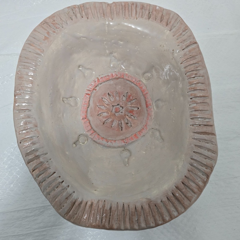 Handmade Studio Pottery Square Platter Bowl Pink Sunburst Flower 9"